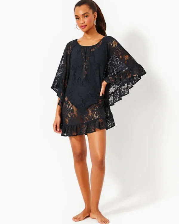 Swim^Lilly Pulitzer Atley Ruffle Cover-Up Onyx Paradise Found Lace