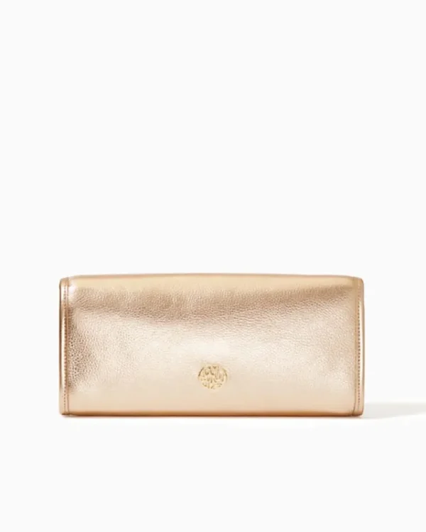 Bags^Lilly Pulitzer Benton Leather Clutch Gold Metallic