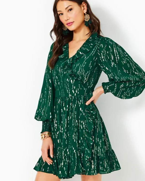 Dresses^Lilly Pulitzer Birdy Long Sleeve Silk Wrap Dress Evergreen Fish Clip Chiffon