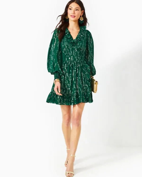 Dresses^Lilly Pulitzer Birdy Long Sleeve Silk Wrap Dress Evergreen Fish Clip Chiffon