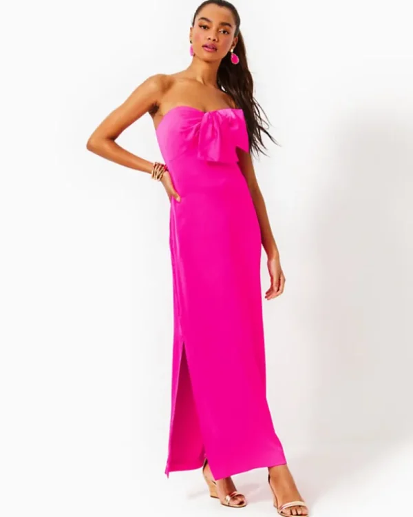 Dresses^Lilly Pulitzer Carlynn Satin Maxi Bow Dress Pink Palms