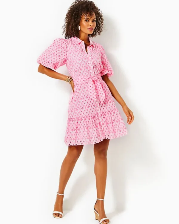 Dresses^Lilly Pulitzer Cartley Elbow Sleeve Eyelet Shirtdress Resort White X Havana Pink Flutter Eyelet