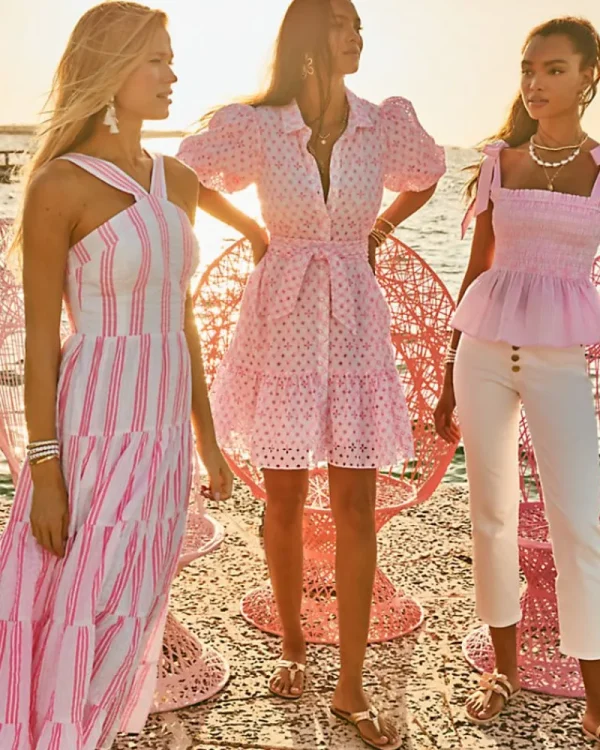 Dresses^Lilly Pulitzer Cartley Elbow Sleeve Eyelet Shirtdress Resort White X Havana Pink Flutter Eyelet