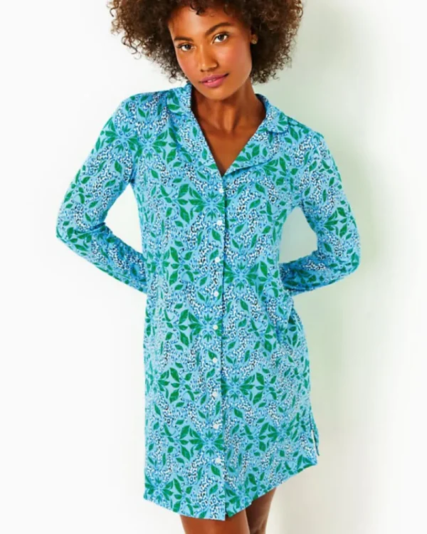 Pajamas^Lilly Pulitzer Chilton Pajama Nightshirt Bon Bon Blue Leapin Leopards