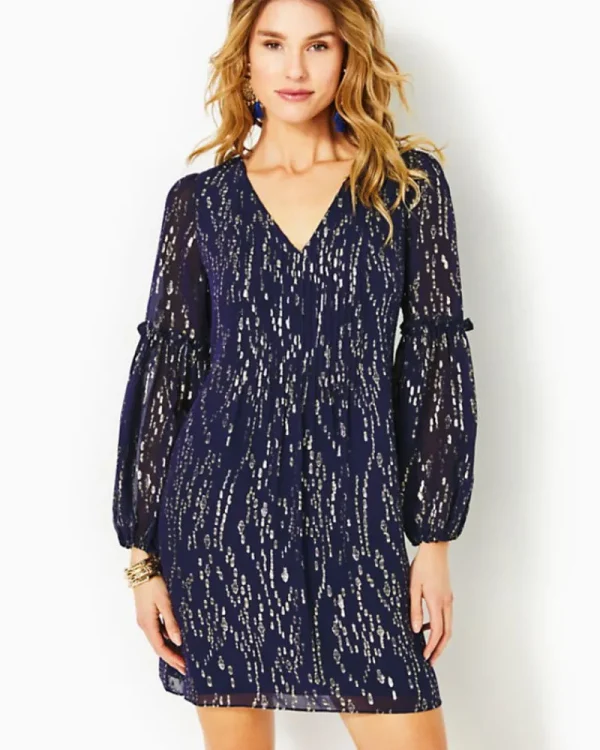 Dresses^Lilly Pulitzer Cleme Silk Dress True Navy Fish Clip Chiffon