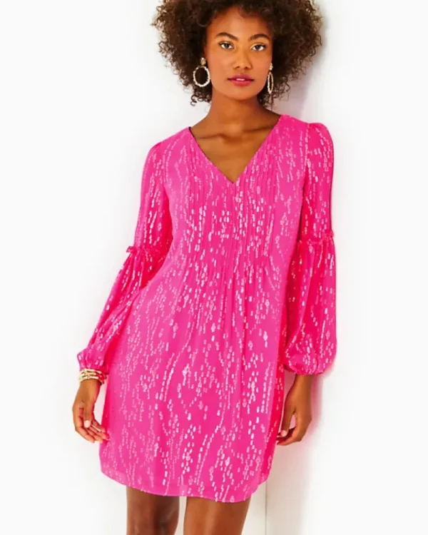 Dresses^Lilly Pulitzer Cleme Silk Dress Pink Palms Fish Clip Chiffon