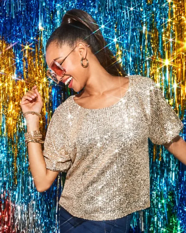 Tops^Lilly Pulitzer Cressida Sequin Knit Top Gold Metallic Treasure Box Sequin Knit