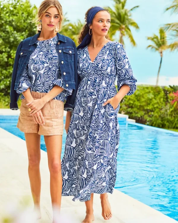 Dresses^Lilly Pulitzer Deacon 3/4 Sleeve V-Neck Cotton Maxi Dress Aegean Navy Beach Path