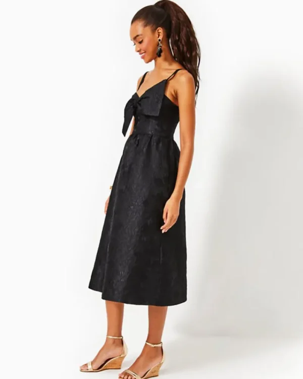 Dresses^Lilly Pulitzer Ellara Jacquard Midi Bow Dress Onyx Leaf An Impression Jacquard