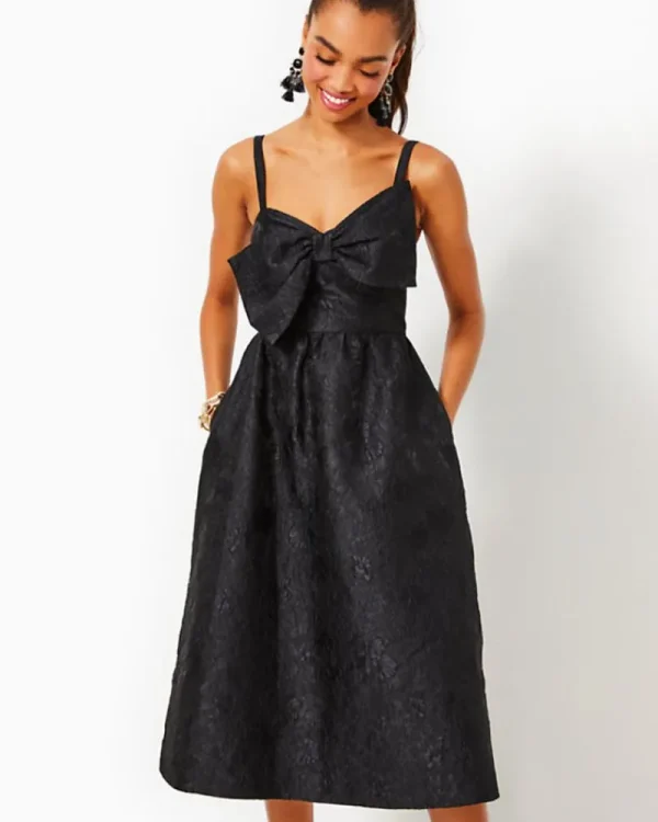 Dresses^Lilly Pulitzer Ellara Jacquard Midi Bow Dress Onyx Leaf An Impression Jacquard