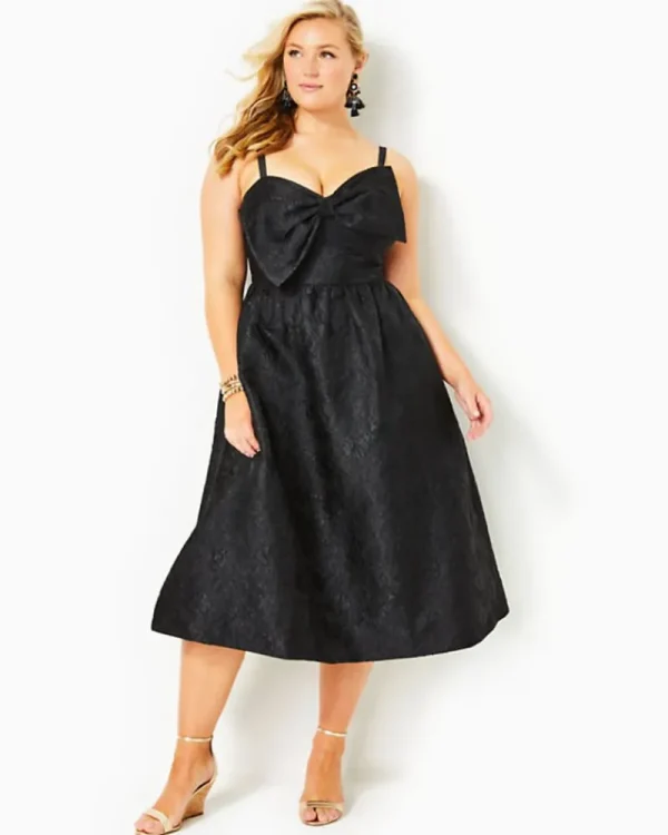 Dresses^Lilly Pulitzer Ellara Jacquard Midi Bow Dress Onyx Leaf An Impression Jacquard