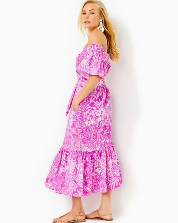 Dresses^Lilly Pulitzer Isbell Off-The-Shoulder Linen Midi Dress Wild Fuchsia Swipe Right