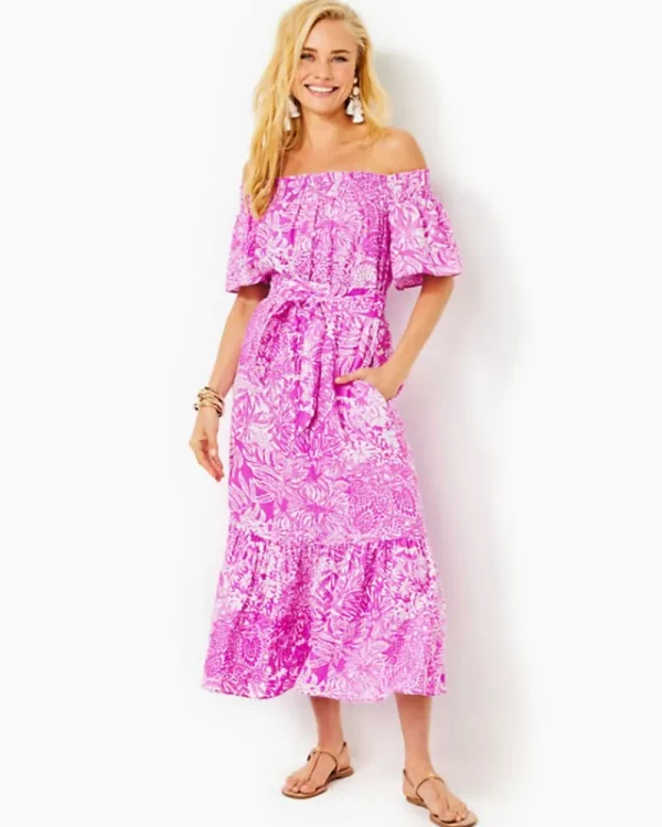 Dresses^Lilly Pulitzer Isbell Off-The-Shoulder Linen Midi Dress Wild Fuchsia Swipe Right