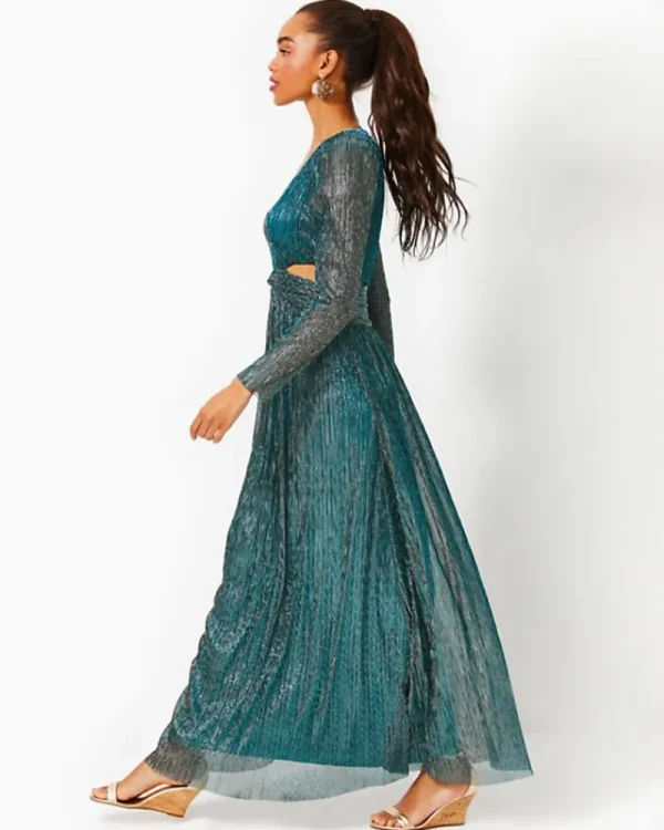 Dresses^Lilly Pulitzer Latrice Long Sleeve Maxi Dress Blue Rhapsody Metallic Knit Crinkle