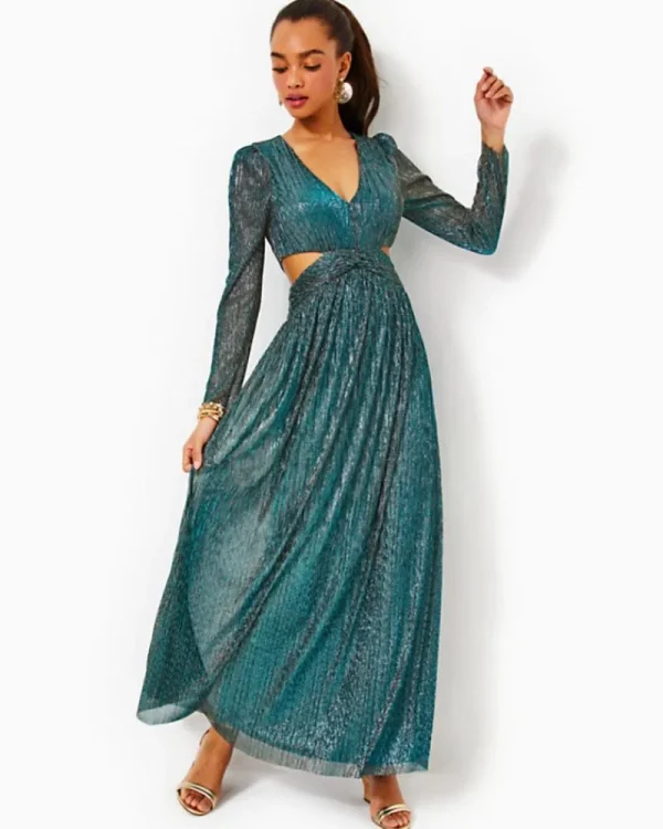 Dresses^Lilly Pulitzer Latrice Long Sleeve Maxi Dress Blue Rhapsody Metallic Knit Crinkle