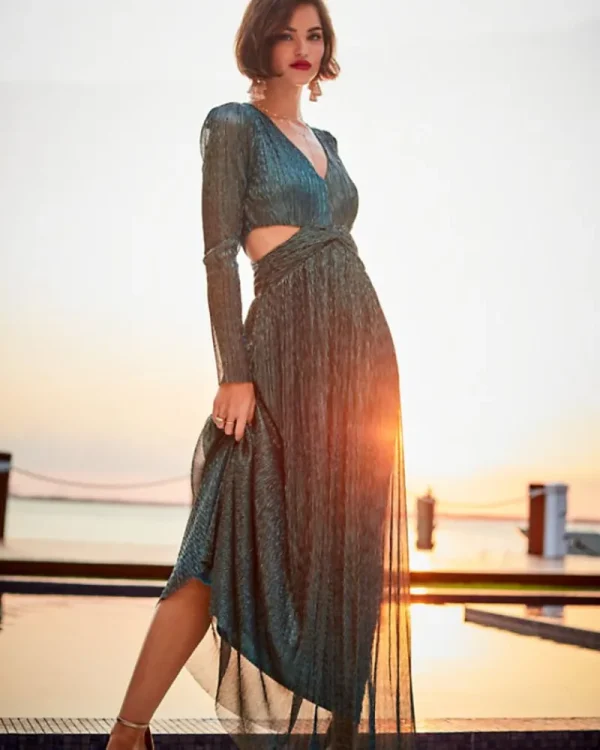 Dresses^Lilly Pulitzer Latrice Long Sleeve Maxi Dress Blue Rhapsody Metallic Knit Crinkle