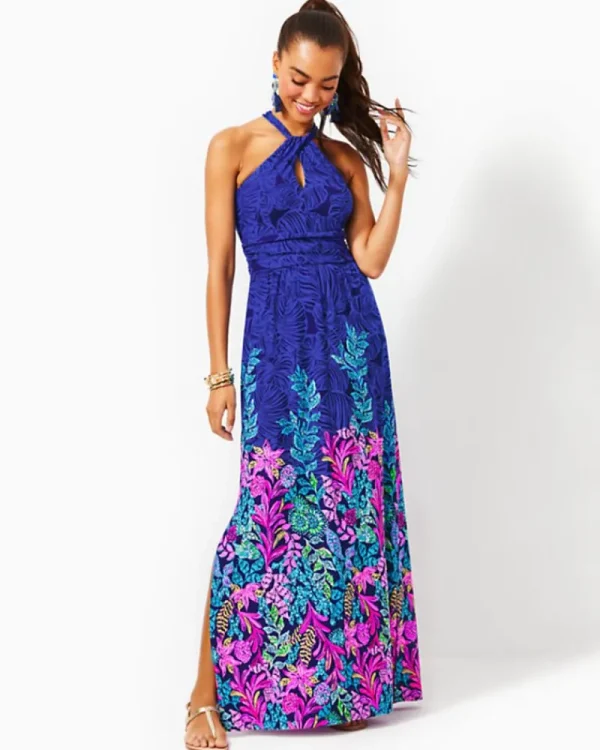 Dresses^Lilly Pulitzer Orla Halter Maxi Dress Aegean Navy Calypso Coast Engineered Knit Dress