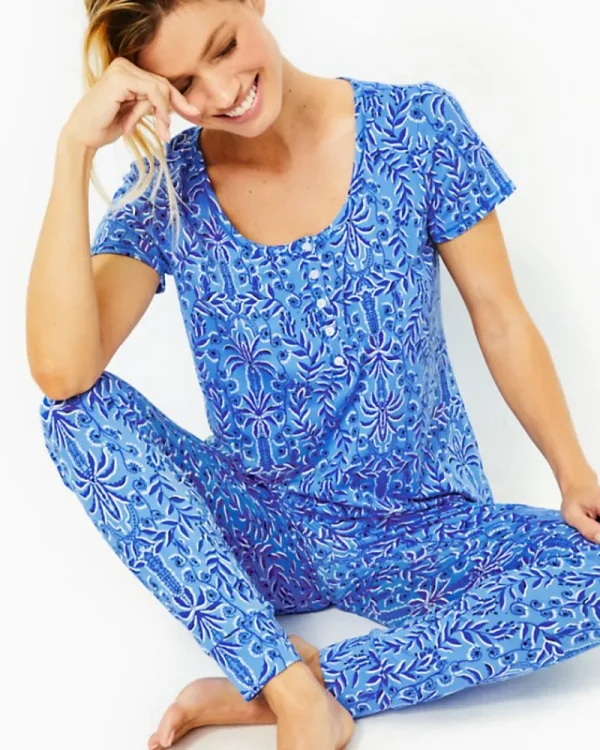 Pajamas^Lilly Pulitzer Pajama Knit Short Sleeve Henley Top Abaco Blue Have It Both Rays