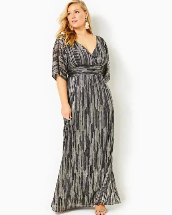 Dresses^Lilly Pulitzer Parigi Maxi Dress True Navy X Gold Metallic Rope Stripe Crinkle Knit