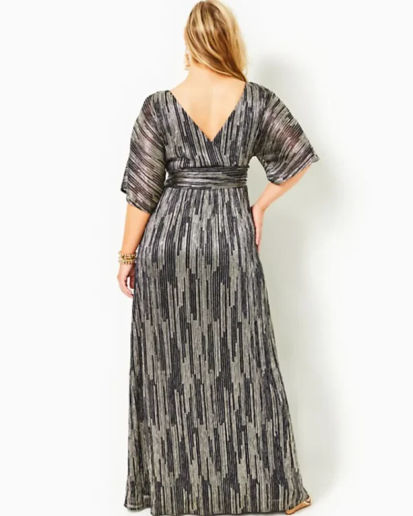 Dresses^Lilly Pulitzer Parigi Maxi Dress True Navy X Gold Metallic Rope Stripe Crinkle Knit