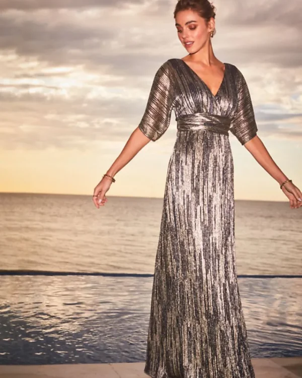 Dresses^Lilly Pulitzer Parigi Maxi Dress True Navy X Gold Metallic Rope Stripe Crinkle Knit