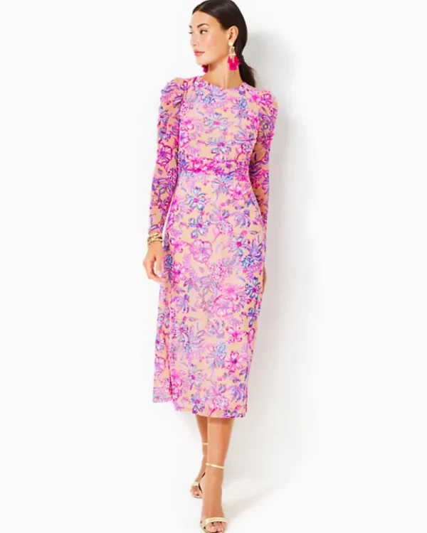 Dresses^Lilly Pulitzer Preslie Long Sleeve Mesh Midi Dress Sand Bar Tropical With A Twist
