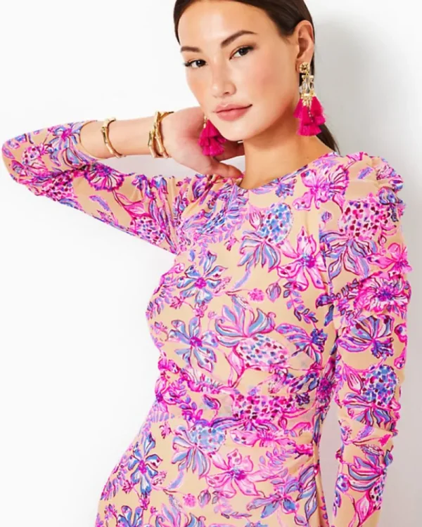 Dresses^Lilly Pulitzer Preslie Long Sleeve Mesh Midi Dress Sand Bar Tropical With A Twist