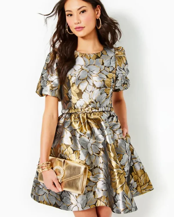 Dresses^Lilly Pulitzer Priyanka Short Sleeve Floral Jacquard Dress Gold Metallic Peony Parade Brocade