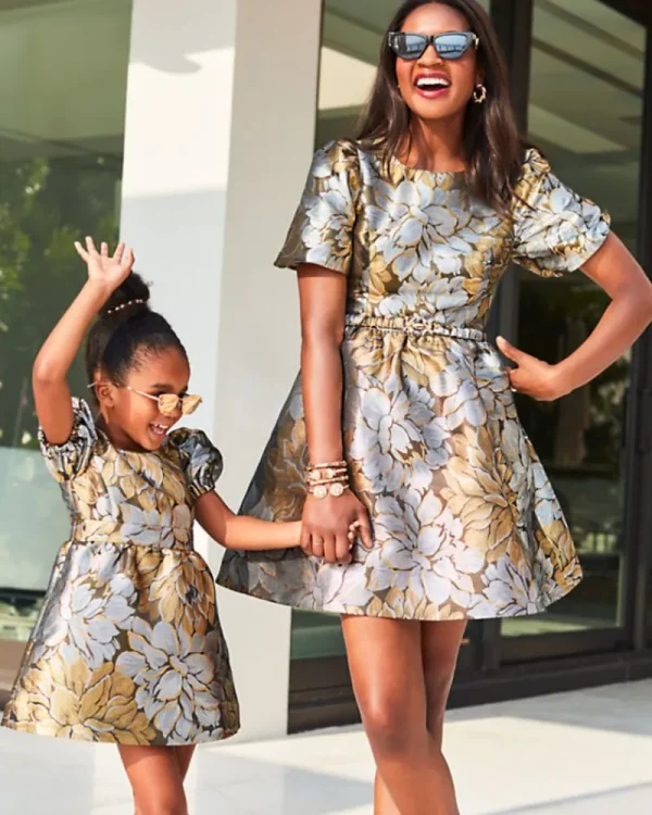 Dresses^Lilly Pulitzer Priyanka Short Sleeve Floral Jacquard Dress Gold Metallic Peony Parade Brocade