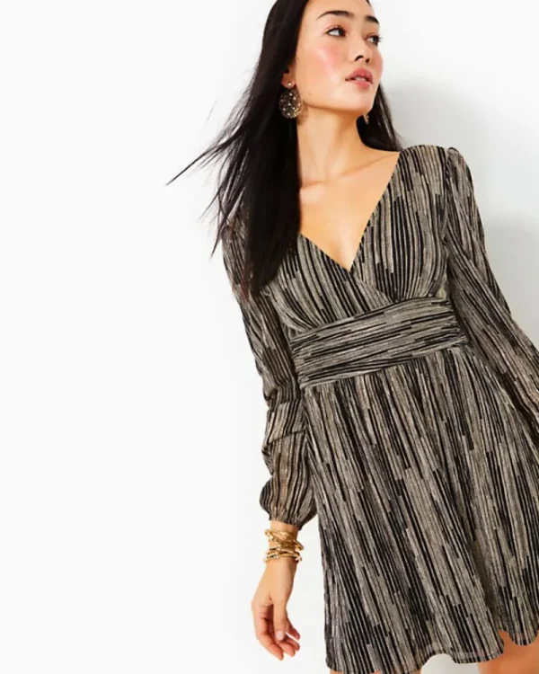 Rompers & Jumpsuits^Lilly Pulitzer Riza Long Sleeve Romper Onyx X Gold Metallic Rope Stripe Crinkle Knit