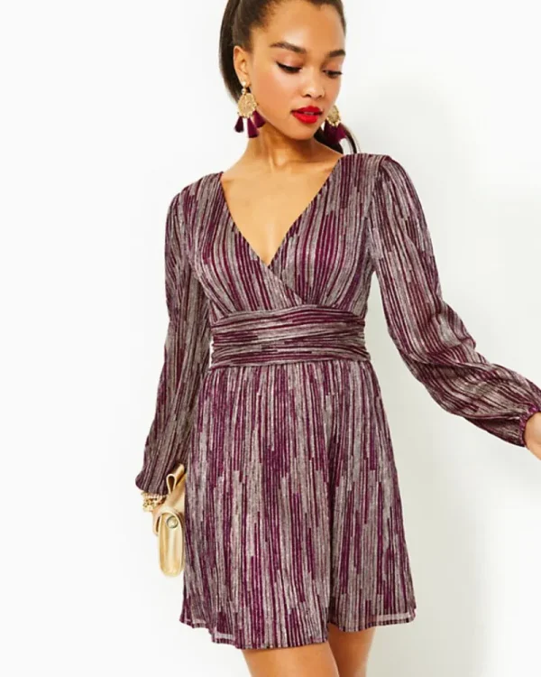 Dresses^Lilly Pulitzer Riza Long Sleeve Romper Mulberry X Gold Metallic Rope Stripe Crinkle Knit