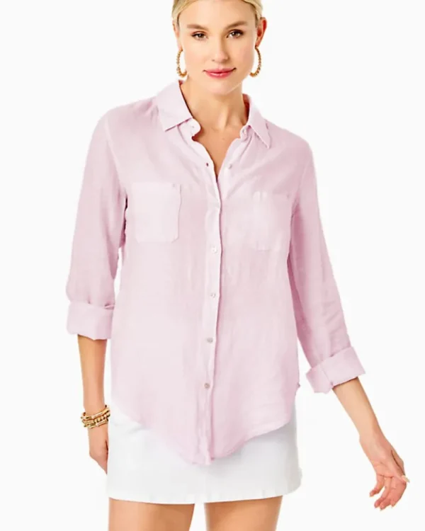 Tops^Lilly Pulitzer Sea View Linen Button Down Top Urchin Pink X Resort White