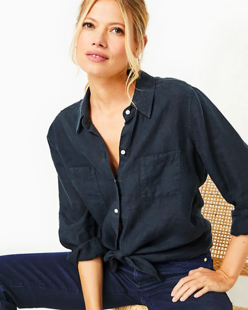 sea_view_linen_button_dow_0-8.webp Tops^Lilly Pulitzer Sea View Linen Button Down Top Onyx X Onyx