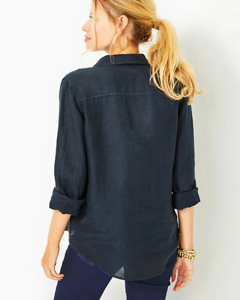 sea_view_linen_button_dow_1-8.webp Tops^Lilly Pulitzer Sea View Linen Button Down Top Onyx X Onyx