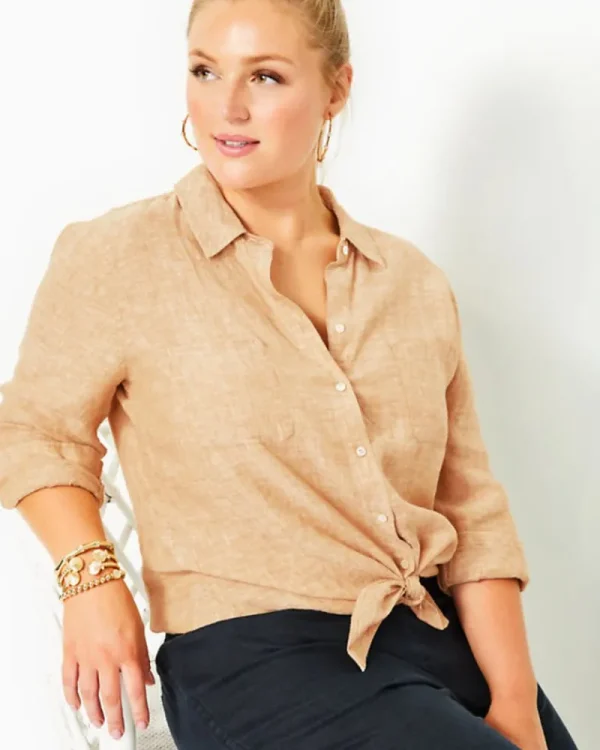 Tops^Lilly Pulitzer Sea View Linen Button Down Top Rattan X Resort White