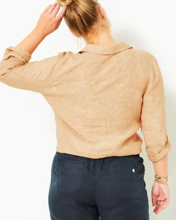 Tops^Lilly Pulitzer Sea View Linen Button Down Top Rattan X Resort White