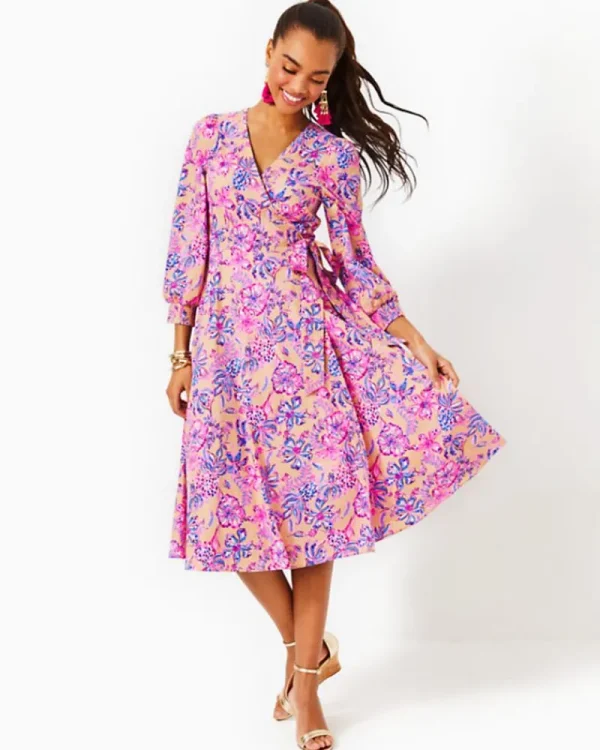 Dresses^Lilly Pulitzer Shiela 3/4 Sleeve Cotton Midi Wrap Dress Sand Bar Tropical With A Twist