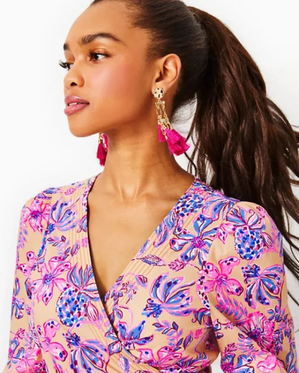 Dresses^Lilly Pulitzer Shiela 3/4 Sleeve Cotton Midi Wrap Dress Sand Bar Tropical With A Twist