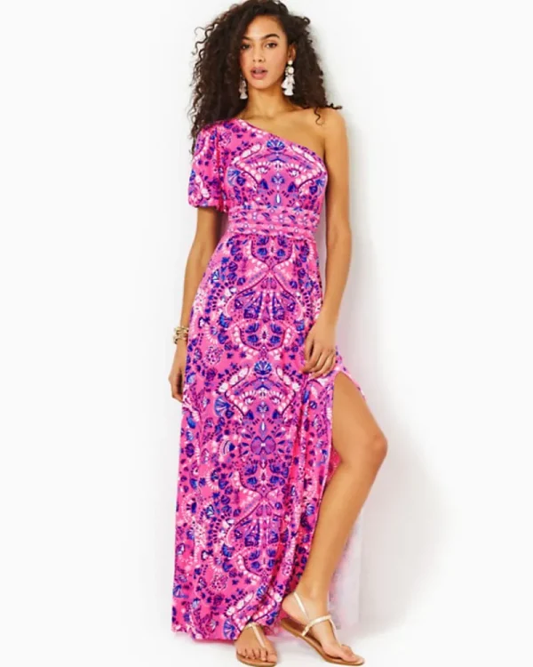 Dresses^Lilly Pulitzer Solana One-Shoulder Maxi Dress Havana Pink Turtle Tidepool Engineered Knit Dress