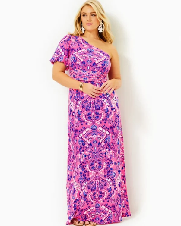 Dresses^Lilly Pulitzer Solana One-Shoulder Maxi Dress Havana Pink Turtle Tidepool Engineered Knit Dress