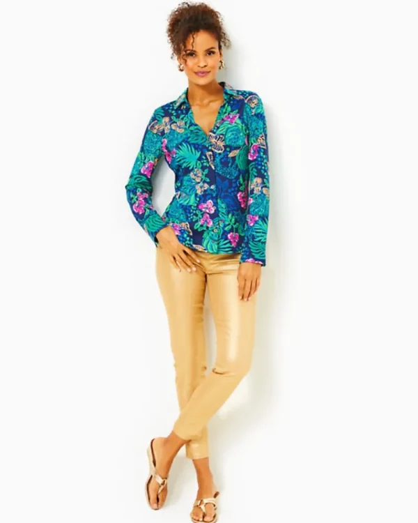 Tops^Lilly Pulitzer Upf 50+ Chillylilly Marlena Button Down Top Low Tide Navy Life Of The Party