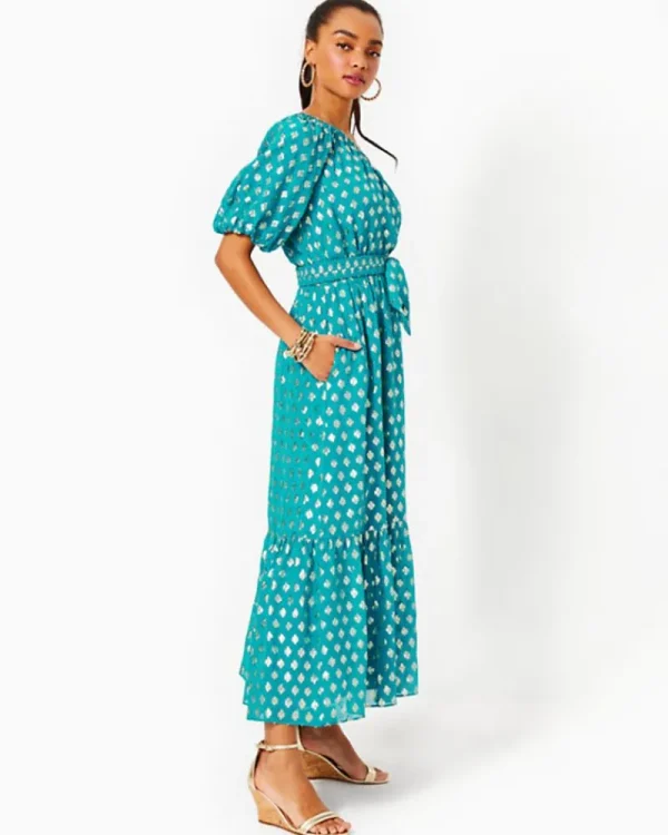 Dresses^Lilly Pulitzer Zelalynn One-Shoulder Maxi Dress Blue Rhapsody Pattern Play Viscose Metallic Clip