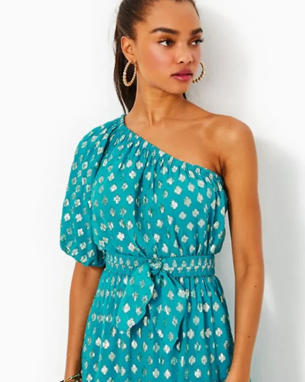 Dresses^Lilly Pulitzer Zelalynn One-Shoulder Maxi Dress Blue Rhapsody Pattern Play Viscose Metallic Clip
